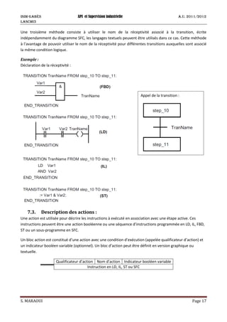 ISIM Gabès API et Supervision industrielle A.U. 2011/2012
LASCMI3
S. MARAOUI Page 17
Une troisième méthode consiste à utiliser le nom de la réceptivité associé à la transition, écrite
indépendamment du diagramme SFC, les langages textuels peuvent être utilisés dans ce cas. Cette méthode
à l’avantage de pouvoir utiliser le nom de la réceptivité pour différentes transitions auxquelles sont associé
la même condition logique.
Exemple :
Déclaration de la réceptivité :
7.3. Description des actions :
Une action est utilisée pour décrire les instructions à exécuté en association avec une étape active. Ces
instructions peuvent être une action booléenne ou une séquence d’instructions programmée en LD, IL, FBD,
ST ou un sous-programme en SFC.
Un bloc action est constitué d’une action avec une condition d’exécution (appelée qualificateur d’action) et
un indicateur booléen variable (optionnel). Un bloc d’action peut être définit en version graphique ou
textuelle.
Qualificateur d’action Nom d’action Indicateur booléen variable
Instruction en LD, IL, ST ou SFC
Appel de la transition :
 