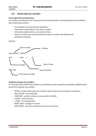 ISIM Gabès API et Supervision industrielle A.U. 2011/2012
LASCMI3
S. MARAOUI Page 21
8.2. Déclaration de variable :
Forme générale de déclaration :
Les variables sont déclarées avec le type de donnée et des propriétés. Ces propriétés peuvent être définies
dans la déclaration utilisant :
- Les propriétés du type de données spécifiques.
- Informations (optionnelles) sur les valeurs initiales
- Informations (optionnelles) sur les valeurs limites
- type de variable du bloc de déclaration dans lequel la variable a été déclarée (avec
qualificateur/attribue)
Exemple :
VAR_OUTPUT RETAIN
Var1 : Byte := 10;
END_VAR
Attribues de types de variables :
La norme CEI 61131-3 définie des attribues (ou qualificateurs) avec lesquelles de propriétés supplémentaires
peuvent être ajoutées aux variables :
- RETAIN : variable retenu (peut être récupérer après coupure de courant grâce à la batterie).
- NON_RETAIN : non récupérable.
- CONSTANT : variable constante, ne peut pas être modifiée
- R_EDGE : à front montant
- F_EDGE : à front descendant
- READY_ONLY : protéger en écriture
- READ_WRITE : peut-être accédée pour l’écriture et la lecture
Type de variable
Nom de variable
Type de donnée
Valeur initiale
Fin du type de variable
Attribue
 