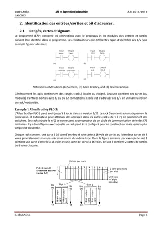 ISIM Gabès API et Supervision industrielle A.U. 2011/2012
LASCMI3
S. MARAOUI Page 3
2. Identification des entrées/sorties et bit d’adresses :
2.1. Rangés, cartes et signaux
Le programme d’API concerne les connections avec le processus et les modules des entrées et sorties
doivent être identifié dans le programme. Les constructeurs ont différentes façon d’identifier ces E/S (voir
exemple figure ci-dessous)
Notation: (a) Mitsubishi, (b) Siemens, (c) Allen-Bradley, and (d) Télémecanique.
Généralement les apis contiennent des rangés (racks) locales ou éloigné. Chacune contient des cartes (ou
modules) d’entrées sorties avec 8, 16 ou 32 connections. L’idée est d’adresser ces E/s en utilisant la notion
de rack/module/bit.
Exemple 1 Allen Bradley PLC-5:
L’Allen Bradley PLC-5 peut avoir jusqu’à 8 racks dans sa version 5/25. Le rack 0 contient automatiquement le
processeur, et l’utilisateur peut attribuer des adresses dans les autres racks (de 1 à 7) en positionnant des
switchers. Ses racks (outre le n°0) se connectent au processeur via un câble de communication série des E/S
lointaines. Il y a trois façons avec laquelle un rack peut être configuré pour ce constructeur mais seule la plus
simple est présentée.
Chaque rack contient une carte à 16 voie d’entrées et une carte à 16 voie de sortie, ou bien deux cartes de 8
voies généralement (mais pas nécessairement du même type. Dans la figure suivante par exemple le slot 1
contient une carte d’entrée à 16 voies et une carte de sortie à 16 voies. Le slot 2 contient 2 cartes de sorties
de 8 voies chacune.
 