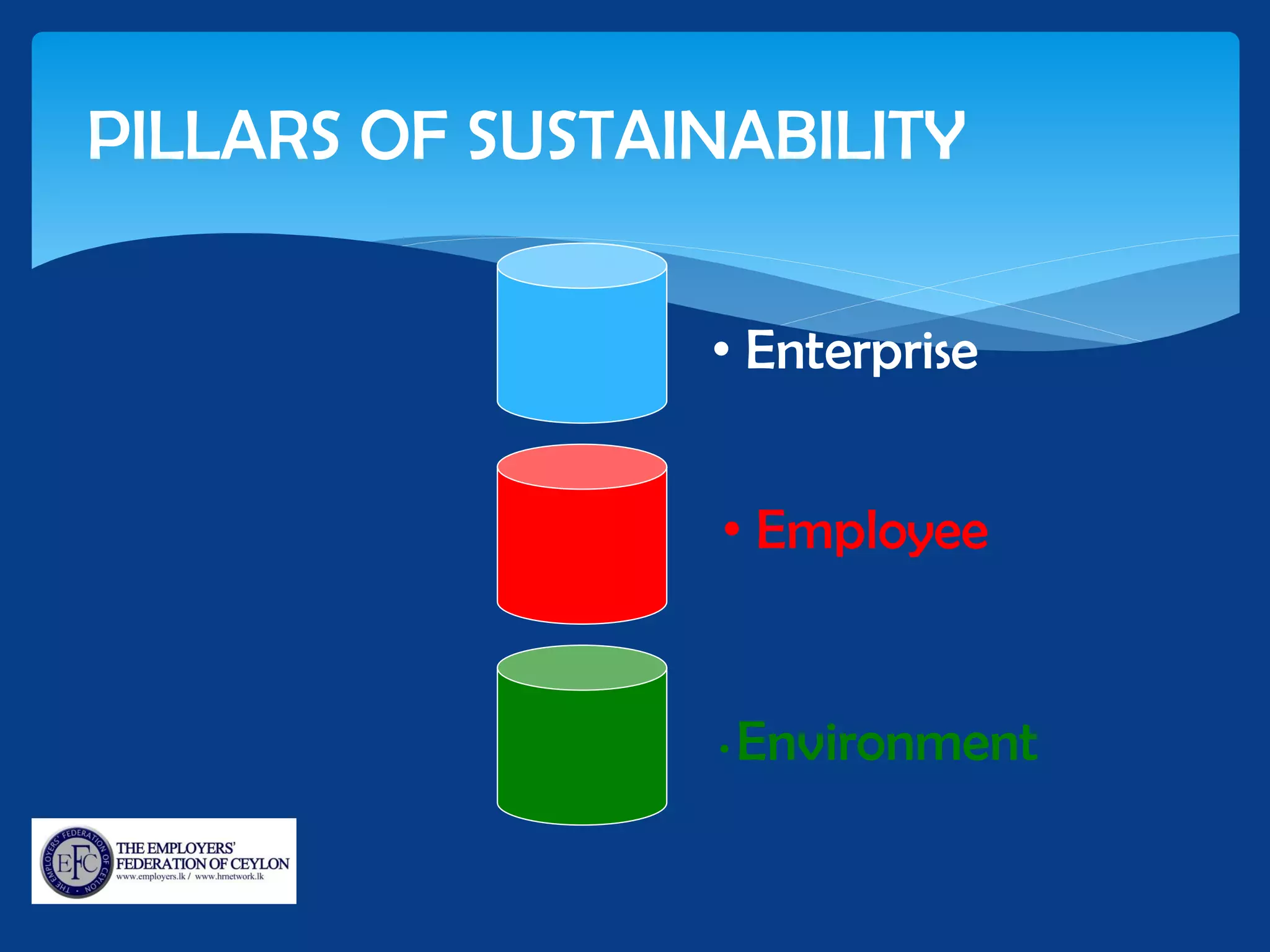 PILLARS OF SUSTAINABILITY
• Enterprise
• Employee
• Environment
 