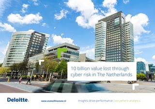 10 billion value lost through
cyber risk in The Netherlands
Insights drive performance Everywhere analyticswww.stateofthestate.nl
 