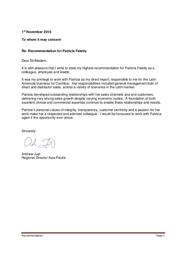 Patricia Letter Of Recommendation