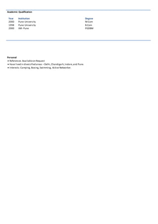 Academic Qualification 
Year Institution Degree 
2000 
Pune University 
1998 
Pune University 
2000 
IMI- Pune 
M.Com 
B.Com 
PGDBM 
Personal 
 References Available on Request 
 Have lived in diversified areas – Delhi, Chandigarh, Indore, and Pune. 
 Interests: Camping, Boxing, Swimming, Active Networker. 
FP&A, financial analyst, senior financial analyst, operating plan, budgeting, forecasting, re-forecasting, rolling estimate, quarterly estimate, KPI, profitability, performance, consolidation of financials, month end support, MIS reporting, KPI, variance analysis, deep dive 
analysis, spending analysis, trend analysis, CIMA, part qualified CIMA, Financial planning and analysis, Strategic planning, STRAP, Gross margin, product costing, finance modeling, financial performance, US GAAP, what-if scenarios, cost control, process improvement, 
accounting, standardization of reports, Hyperion, HFM, Essbase, PeopleSoft, SAP, TM1, AS400i, Oracle 11i, IT, Manufacturing, FMCG, manage, managed team, Fortune 100, FTSE 100, FTSE 250, Fortune 250, FTSE 500, Fortune 500, MNC, Blue chip, team manager, good 
communication skills, oral and written, proactive, leadership skills. 
 