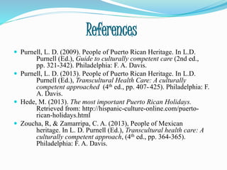References
 Purnell, L. D. (2009). People of Puerto Rican Heritage. In L.D.
Purnell (Ed.), Guide to culturally competent care (2nd ed.,
pp. 321-342). Philadelphia: F. A. Davis.
 Purnell, L. D. (2013). People of Puerto Rican Heritage. In L.D.
Purnell (Ed.), Transcultural Health Care: A culturally
competent approached (4th ed., pp. 407-425). Philadelphia: F.
A. Davis.
 Hede, M. (2013). The most important Puerto Rican Holidays.
Retrieved from: http://hispanic-culture-online.com/puerto-
rican-holidays.html
 Zoucha, R, & Zamarripa, C. A. (2013), People of Mexican
heritage. In L. D. Purnell (Ed.), Transcultural health care: A
culturally competent approach, (4th ed., pp. 364-365).
Philadelphia: F. A. Davis.
 