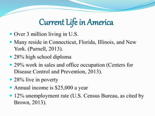 Current Life in America
 Over 3 million living in U.S.
 Many reside in Connecticut, Florida, Illinois, and New
York. (Purnell, 2013).
 28% high school diploma
 29% work in sales and office occupation (Centers for
Disease Control and Prevention, 2013).
 28% live in poverty
 Annual income is $25,000 a year
 12% unemployment rate (U.S. Census Bureau, as cited by
Brown, 2013).
 