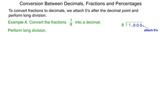 Example A. Convert the fractions into a decimal.
8
1
)8 1.
Perform long division,
Conversion Between Decimals, Fractions and Percentages
To convert fractions to decimals, we attach 0’s after the decimal point and
perform long division.
attach 0’s
0 0 0
 