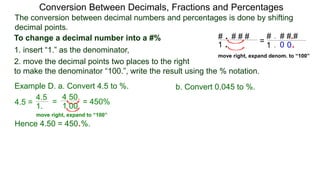 4.5 =
The conversion between decimal numbers and percentages is done by shifting
decimal points.
Conversion Between Decimals, Fractions and Percentages
1. insert “1.” as the denominator,
2. move the decimal points two places to the right
to make the denominator “100.”, write the result using the % notation.
Example D. a. Convert 4.5 to %. b. Convert 0.045 to %.
4.5
1.
=
4.50.
1.00.
= 450%
Hence 4.50 = 450.%.
To change a decimal number into a #% # . # # #
1 .
# . # # #
1 .
.
.0 0
=
move right, expand denom. to “100”
move right, expand to “100”
 