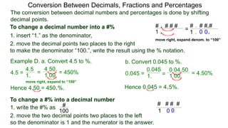 4.5 =
The conversion between decimal numbers and percentages is done by shifting
decimal points.
Conversion Between Decimals, Fractions and Percentages
1. insert “1.” as the denominator,
2. move the decimal points two places to the right
to make the denominator “100.”, write the result using the % notation.
Example D. a. Convert 4.5 to %. b. Convert 0.045 to %.
4.5
1.
=
4.50.
1.00.
= 450% 0.045 = 1. =
0.04.50
1.00. = 4.50%
0.045
Hence 4.50 = 450.%. Hence 0.045 = 4.5%.
To change a decimal number into a #%
1. write the #% as
2. move the two decimal points two places to the left
so the denominator is 1 and the numerator is the answer.
To change a #% into a decimal number
#
100
# . # # #
1 .
# . # # #
1 .
.
.0 0
=
move right, expand denom. to “100”
move right, expand to “100”
# # #. #
1 0 0.
 