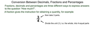 Conversion Between Decimals, Fractions and Percentages
Fractions, decimals and percentages are three different ways to express answers
to the question “How much?”.
A fraction gives the instruction for obtaining a quantity, for example
3
4
Divide the unit (1), i.e. the whole, into 4 equal parts
then take 3 parts.
 