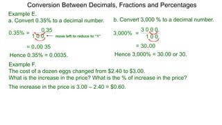 Conversion Between Decimals, Fractions and Percentages
Example E.
a. Convert 0.35% to a decimal number. b. Convert 3,000 % to a decimal number.
=
0.35
1 0 0.
0.35%
Hence 0.35% = 0.0035.
move left to reduce to “1”
= 0.00.35
=
3 0 0 0.
1 0 0.
3,000%
= 30.00.
Hence 3,000% = 30.00 or 30.
Example F.
The cost of a dozen eggs changed from $2.40 to $3.00.
What is the increase in the price? What is the % of increase in the price?
The increase in the price is 3.00 – 2.40 = $0.60.
 