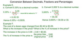 Conversion Between Decimals, Fractions and Percentages
Example E.
a. Convert 0.35% to a decimal number. b. Convert 3,000 % to a decimal number.
=
0.35
1 0 0.
0.35%
Hence 0.35% = 0.0035.
move left to reduce to “1”
= 0.00.35
=
3 0 0 0.
1 0 0.
3,000%
= 30.00.
Hence 3,000% = 30.00 or 30.
Example F.
The cost of a dozen eggs changed from $2.40 to $3.00.
What is the increase in the price? What is the % of increase in the price?
The increase in the price is 3.00 – 2.40 = $0.60.
The % of increase in the price is:
0.60the price hike
original price
=
2.40
 