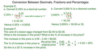 Conversion Between Decimals, Fractions and Percentages
Example E.
a. Convert 0.35% to a decimal number. b. Convert 3,000 % to a decimal number.
=
0.35
1 0 0.
0.35%
Hence 0.35% = 0.0035.
move left to reduce to “1”
= 0.00.35
=
3 0 0 0.
1 0 0.
3,000%
= 30.00.
Hence 3,000% = 30.00 or 30.
Example F.
The cost of a dozen eggs changed from $2.40 to $3.00.
What is the increase in the price? What is the % of increase in the price?
The increase in the price is 3.00 – 2.40 = $0.60.
The % of increase in the price is:
0.60the price hike
original price
=
2.40
= =
1
4
= 0.25 = 25%
So this is a 25 % increase in the price.
6.
24.
 