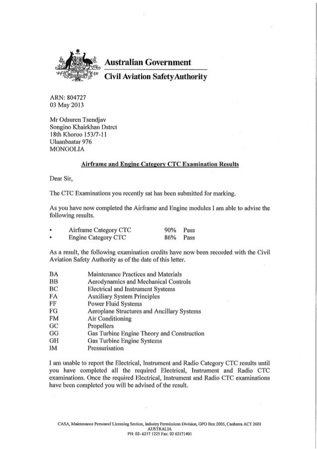 0132 - CTC Exam Results Letter - TSENDJAV Odsuren - ARN 804727