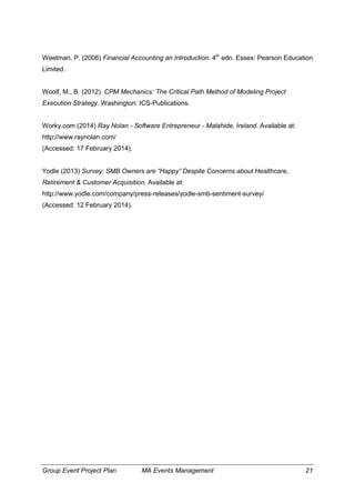 Group Event Project Plan MA Events Management 21
Weetman, P. (2006) Financial Accounting an Introduction. 4th
edn. Essex: Pearson Education
Limited.
Woolf, M., B. (2012). CPM Mechanics: The Critical Path Method of Modeling Project
Execution Strategy. Washington: ICS-Publications.
Worky.com (2014) Ray Nolan - Software Entrepreneur - Malahide, Ireland. Available at:
http://www.raynolan.com/
(Accessed: 17 February 2014).
Yodle (2013) Survey: SMB Owners are “Happy” Despite Concerns about Healthcare,
Retirement & Customer Acquisition. Available at:
http://www.yodle.com/company/press-releases/yodle-smb-sentiment-survey/
(Accessed: 12 February 2014).
 