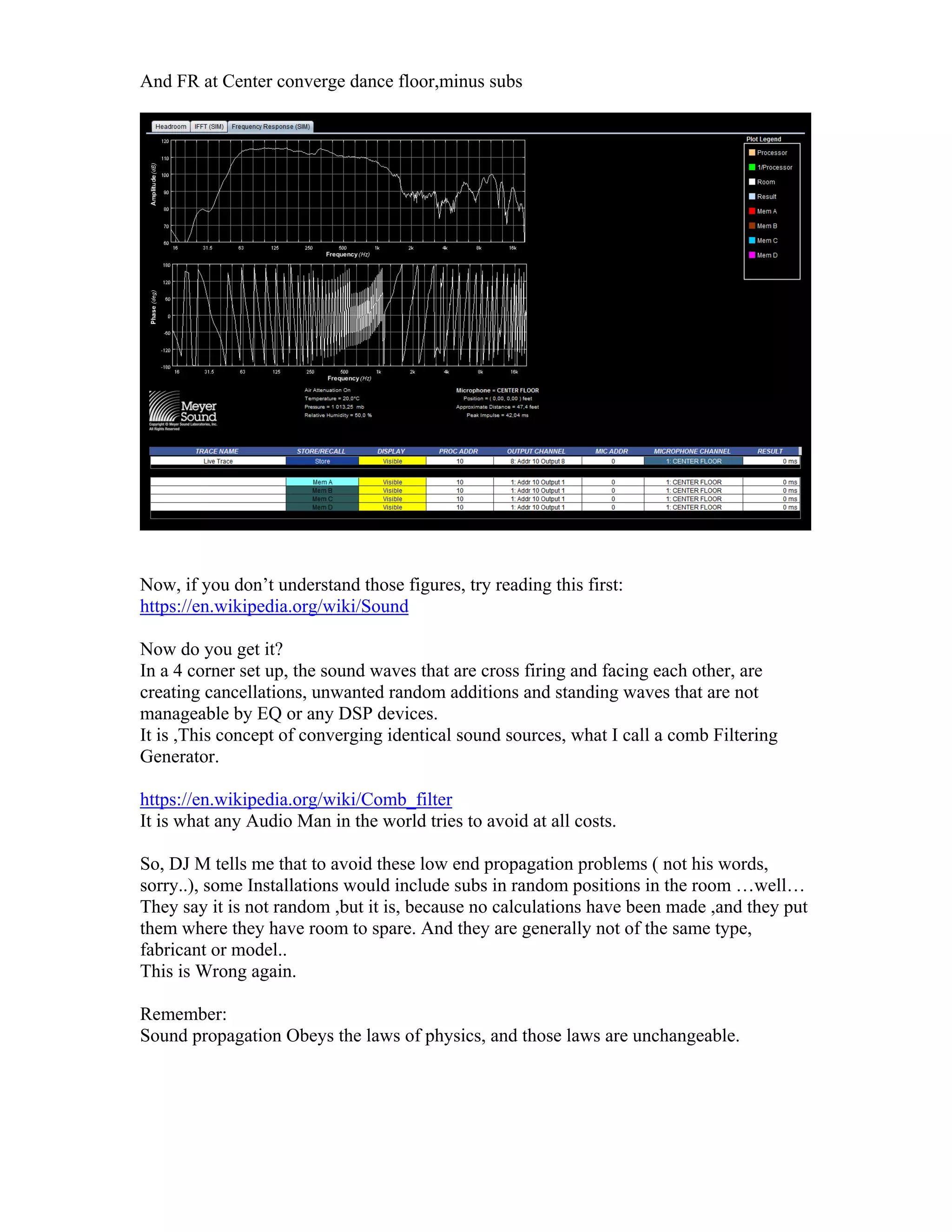 And FR at Center converge dance floor,minus subs
Now, if you don’t understand those figures, try reading this first:
https://en.wikipedia.org/wiki/Sound
Now do you get it?
In a 4 corner set up, the sound waves that are cross firing and facing each other, are
creating cancellations, unwanted random additions and standing waves that are not
manageable by EQ or any DSP devices.
It is ,This concept of converging identical sound sources, what I call a comb Filtering
Generator.
https://en.wikipedia.org/wiki/Comb_filter
It is what any Audio Man in the world tries to avoid at all costs.
So, DJ M tells me that to avoid these low end propagation problems ( not his words,
sorry..), some Installations would include subs in random positions in the room …well…
They say it is not random ,but it is, because no calculations have been made ,and they put
them where they have room to spare. And they are generally not of the same type,
fabricant or model..
This is Wrong again.
Remember:
Sound propagation Obeys the laws of physics, and those laws are unchangeable.
 