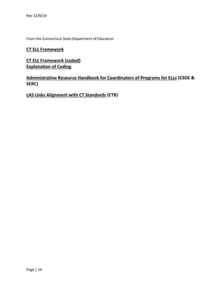 Rev 12/8/14
Page | 16
From the Connecticut State Department of Education
CT ELL Framework
CT ELL Framework (coded)
Explanation of Coding
Administrative Resource Handbook for Coordinators of Programs for ELLs (CSDE &
SERC)
LAS Links Alignment with CT Standards (CTB)
 
