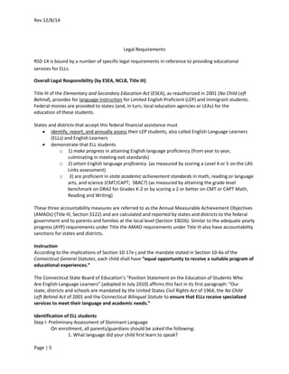 Rev 12/8/14
Page | 5
Legal Requirements
RSD 14 is bound by a number of specific legal requirements in reference to providing educational
services for ELLs.
Overall Legal Responsibility (by ESEA, NCLB, Title III)
Title III of the Elementary and Secondary Education Act (ESEA), as reauthorized in 2001 (No Child Left
Behind), provides for language instruction for Limited English Proficient (LEP) and immigrant students.
Federal monies are provided to states (and, in turn, local education agencies or LEAs) for the
education of these students.
States and districts that accept this federal financial assistance must
 identify, report, and annually assess their LEP students, also called English Language Learners
(ELLs) and English Learners
 demonstrate that ELL students
o 1) make progress in attaining English language proficiency (from year to year,
culminating in meeting exit standards)
o 2) attain English language proficiency (as measured by scoring a Level 4 or 5 on the LAS
Links assessment)
o 3) are proficient in state academic achievement standards in math, reading or language
arts, and science (CMT/CAPT; SBAC?) (as measured by attaining the grade level
benchmark on DRA2 for Grades K-2 or by scoring a 2 or better on CMT or CAPT Math,
Reading and Writing)
These three accountability measures are referred to as the Annual Measurable Achievement Objectives
(AMAOs) (Title III, Section 3122) and are calculated and reported by states and districts to the federal
government and to parents and families at the local level (Section 3302b). Similar to the adequate yearly
progress (AYP) requirements under Title the AMAO requirements under Title III also have accountability
sanctions for states and districts.
Instruction
According to the implications of Section 10-17e-j and the mandate stated in Section 10-4a of the
Connecticut General Statutes, each child shall have “equal opportunity to receive a suitable program of
educational experiences.”
The Connecticut State Board of Education’s “Position Statement on the Education of Students Who
Are English Language Learners” (adopted in July 2010) affirms this fact in its first paragraph: “Our
state, districts and schools are mandated by the United States Civil Rights Act of 1964, the No Child
Left Behind Act of 2001 and the Connecticut Bilingual Statute to ensure that ELLs receive specialized
services to meet their language and academic needs.”
Identification of ELL students
Step I: Preliminary Assessment of Dominant Language
On enrollment, all parents/guardians should be asked the following:
1. What language did your child first learn to speak?
 