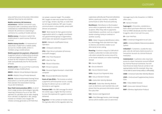 152 153
easy and fast access to business information
wherever they may be and anytime.
Mobile commerce, M-Commerce,
mCommerce – Mobile commerce is any
transaction with a monetary value that is
conductedviaamobiletelecommunications
network. M-commerce is extending E-
commerce to a variety of mobile devices.
Mobile money – A service in which the
mobile phone is used to access ﬁnancial
services.
Mobile money transfer – A movement of
value that is made from a mobile wallet,
accrues to a mobile wallet, and/or is
initiated using a mobile phone.
Mobile payment (m-payment, mPayment) –
A payment where a mobile device (a phone
or personal digital assistant, PDA) is used
at least for the initiation of the payment
order and potentially also for the transfer
of funds.
Mobile wallet – An account that is primarily
accessed using a mobile phone.
MNVO – Mobile Virtual Network Operator
MVPN – Mobile Virtual Private Network
NACHA - National Automated Clearing House
Association is a not-for-proﬁt association
that oversees the Automated Clearing
House (ACH) Network.
Near Field Communications (NFC) – A set of
short-range wireless technologies, typically
requiring a distance of 4 cm or less. NFC
operates at 13.56 MHz and at rates ranging
from 106 kbit/s to 848 kbit/s. NFC always
involves an initiator and a target; the
initiator actively generates an RF ﬁeld that
can power a passive target. This enables
NFC targets to take very simple form factors
such as tags, stickers, key fobs, or cards that
do not require batteries. NFC peer-to-peer
communication is also possible, where both
devices are powered.
NGO - NGO stands for Non-governmental
organization which is a legally constituted,
non-governmental group or organization,
which does not represent any government.
NUVO – Network Unafﬁliated Virtual
Operators
OBC – Onboard credentials
OTA – Over the air activation (of services
and tariff changes)
OTP – One Time Password
OTT – Over the Top
P2B – Person to Business
P2P – Person to person
PDA - Personal Digital Assistant: a hand-held
computer
PIN - Personal Identiﬁcation Number
Point-of-Sale (POS) – The location at which
a payment card transaction occurs, usually
by way of a device such as a credit card
terminal or cash register.
Premium SMS – An SMS message for which
the sender pays a higher fee than normal
to cover the expenses for a good or service
delivered.
Regulator – In the context of mobile money,
this typically refers to the regulator who has
GLOSSARY
supervisory authority over ﬁnancial institutions
within a particular country—usually the
central bank or other ﬁnancial authority.
Remittance – Remittance in the broadest
sense refers to payments made to a remote
recipient. Often they refer to payments
made between countries, such as a migrant
worker sending money to relatives in
another country.
RFID – Radio Frequency Identiﬁcation refers
to a technology that uses electronic tags
on devices and wireless readers as an
alternative to bar coding.
Roaming – A service unique to GSM which
enables a subscriber to make and receive
calls when outside the service area of his
or her home network, as in when travelling
abroad.
SD – Secure Digital
SE – Secure element
SEI – Secure Element Issuer
SEPA – Secure Euro Payments Area
SEV – Secure Element Vendor
SIM – Subscriber Identity Module
SIM (card) - Subscriber Identity Module
card: an electronic card inserted into a cell
phone that has personal information about
the subscriber.
SLA – Service Level Agreement
SMS – Short Message Service, a text message
service which enables users to send short
messages (up to 160 characters in GSM) to
other users.
SP – Service Provider
Superagent – A business, sometimes a
bank, which purchases electronic money
from an MNO wholesale and then resells it
to agents, who in turn sell it to users.
UI – User Interface
UICC – Universal Integrated Circuit Card
UMTS – Universal Mobile Telecommunications
System
Unbanked – Customers, usually the very
poor, who do not have a bank account or a
transaction account at a formal ﬁnancial
institution.
Underbanked – Customers who may have
access to a basic transaction account offered
by a formal ﬁnancial institution, but still
have ﬁnancial needs that are unmet or not
appropriately met (for example, they may
not be able to send money safely or affordably).
USIM – Universal Subscriber Identity Module
USSD – Unstructured Supplementary Service
Data
VAS – Value Added Services
VoIP – Voice over Internet Protocol
WAP – Wireless Application Protocol
 