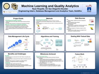 Machine Learning and Quality Analytics
Ryan Riopelle, UC San Diego/CU Boulder
Engineering Intern, Database Management and Analytics Team, Solidfire
Automating DU Quality Tracking
Identify data sources and quality metrics that have been previously
monitored.
Automate data processes for recording and evaluating DU events.
Machine Learning and Predictive Analytics
Implement machine learning algorithms to Predict DU events.
Determine the key contributing factors involved with DU events
Group customer feature usage into patterns that be tracked.
Build a streaming pipeline for anomaly detection over customers usage
patterns.
Future Work
Methods
Milestones Achieved
Project Goals
Benefits and Challenges
Query
Data
K- Means
Clustering
Columns
Clustering Input: Group
using K-Means, Means
Shift, Affinity Propagation,
Spectral Clustering
Use Cluster Variance Analysis
to Determine N-Groups
TF-IDF Vectorizer Python Dictionary
(IDF) Inverse Document Frequency
weighting
Clustered
Categorical
Data
Split Data
Test
Data
Training
Data
Out to
Streaming
Analysis
ML Classification: Ada Boosting, Boosted Trees,
Support Vector Machines (SVM), Neural Networks
(Multi-layer Perceptron), Stochastic Gradient Descent
(SGD)
Optimization Tuning:
Bagging, Ensembles,
Boosting, Changing
Kernel Functions,
Changing Learning Rate/
Step Size Parameter,
Loss/Error Function
Benefits
Improve analytics by reducing the time that it takes to manually query
each data source.
Reduce overhead by reducing time that it takes to manually query each
data source.
Normalize data process for consistent and reliable analytics.
Identifying a consistent set of (KPI’s) companywide.
Challenges
Dealing with highly nested hierarchical data.
Variable time intervals for metrics record recorded by collectors.
Constantly changing features associated with different element releases.
Dealing with effects of multicollinearity across data.
AIQ
System design, operations and data management.
Operations
Data management best practices
Monitoring and alerting
Disaster Recovery
Implementation of replication and backup practices for
critical business systems. AIQ, AT2 and DMA.
Support
Move from Reactive to Predictive model for DU/DL
Engineering
Analytics tools for better resource management and
identification of potential problems.
.
Automating DU Quality Tracking
Identify data sources and quality metrics previously monitored.
 Completed–
 Identify schema structure for database and machine learning.
 Setup schemas with automated updates using Cron and SQL.
 Automated data store with information automatically pulled in from
AIQ, Salesforce, Jira, and Fogbugs.
 Currently Working On–
 Implement Predictive Learning Algorithms
 Measure performance for input fields related to DU events
 Fine tune extraction, translation and loading (ETL) pipeline
.
Data Sources
Normalized
Data Store
Data Extraction,
Translation, and Loading
Automating DU Tracking
Building python connections using SQL Alchemy and PYSH 2 connectors.
Import NoSQL Data into MySQL Database schema, normalize, and perform ETL
processes.
Provide visualizations and regularly timed export options for tracking key performance
indicators (KPI’s).
Algorithms and TrainingData Management Life Cycle Dealing With Textual Data
 