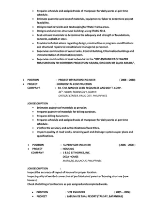  Preparesschedule and assignedtasks of manpower for dailyworks as per time
schedule.
 Estimate quantitiesand cost of materials,equipmentor labor to determine project
feasibility.
 Designsroad networksand landscapingfor Water Tanks areas.
 Designsand analyzes structural buildingsusingETABS 2013.
 Test soilsand materials to determine the adequacy and strength of foundations,
concrete, asphalt or steel.
 Providestechnical advice regardingdesign,construction or programs modifications
and structural repairs to industrial and managerial personnel.
 Supervisesconstructionof water tanks, Control Building,Chlorinationbuildingsand
instrumentationof chlorinationsystem.
 Supervisesconstructionof road networks for the “REPLENISHMENT OF WATER
TRANSMISSIONTO NORTHERN PROJECTS IN NAJRAN,KINGDOM OFSAUDI ARABIA”.
 POSITION : PROJECT OPERATION ENGINEER ( 2008 – 2010)
 PROJECT : HORIZONTAL CONSTRUCTION
COMPANY : SR. STO. NINO DE CEBU RESOURCES AND DEV’T. CORP.
16TH
FLOOR,ROBINSON’STOWER
ORTIGASCENTER,PASIGCITY, PHILIPPINES
JOB DESCRIPTION :
 Estimates quantityof materials as per plan.
 Preparesquantity of materials for billingpurposes.
 Preparesbillingdocuments.
 Preparesschedule and assignedtasks of manpower for dailyworks as per time
schedule.
 Verifiesthe accuracy and authenticationof land titles.
 Inspectsquality of road works, retainingwall and drainage system as per plans and
specifications.
 POSITION : SUPERVISOR ENGINEER ( 2006 - 2008 )
 PROJECT : HOUSING
COMPANY : J & LG CITIHOMES, INC.
DECA HOMES
MARILAO,BULACAN,PHILIPPINES
JOB DESCRIPTION :
Inspectthe accuracy of layout of housesfor proper location.
Inspectquality of weldedconnectionofpre fabricated panelsof housingstructure (row
houses).
Check the billingofcontractors as per assignedand completedworks.
 POSITION : SITE ENGINEER ( 2005 – 2006)
 PROJECT : LAEUNA DE TAAL RESORT (TALISAY,BATANGAS)
 