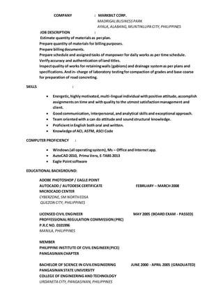 COMPANY : MARKBILT CORP.
MADRIGALBUSINESSPARK
AYALA,ALABANG,MUNTINLUPA CITY,PHILIPPINES
JOB DESCRIPTION :
Estimate quantity of materialsas perplan.
Prepare quantity of materials for billingpurposes.
Prepare billingdocuments.
Prepare schedule and assignedtasks of manpower for daily works as per time schedule.
Verifyaccuracy and authentication ofland titles.
Inspectquality of works for retainingwalls (gabions) and drainage systemas per plans and
specifications.Andin- charge of laboratory testingfor compaction of grades and base coarse
for preparation of road concreting.
SKILLS :
 Energetic,highlymotivated,multi-lingual individual withpositive attitude,accomplish
assignmentson time and withquality to the utmost satisfactionmanagement and
client.
 Goodcommunication, interpersonal,andanalytical skillsand exceptional approach.
 Team orientedwith a can do attitude and soundstructural knowledge.
 ProficientinEnglish both oral and written.
 Knowledge ofACI, ASTM, ASCI Code
COMPUTER PROFICIENCY :
 Windows(all operatingsystem),Ms – Office and Internetapp.
 AutoCAD 2010, Prima Vera, E-TABS 2013
 Eagle Pointsoftware
EDUCATIONAL BACKGROUND:
ADOBE PHOTOSHOP / EAGLE POINT
AUTOCADD / AUTODESK CERTIFICATE FEBRUARY – MARCH 2008
MICROCADD CENTER
CYBERZONE,SM NORTHEDSA
QUEZON CITY, PHILIPPINES
LICENSED CIVIL ENGINEER MAY 2005 (BOARD EXAM - PASSED)
PROFFESSIONALREGULATION COMMISSION(PRC)
P.R.C NO. 0101996
MANILA,PHILIPPINES
MEMBER
PHILIPPINE INSTITUTE OF CIVIL ENGINEER(PICE)
PANGASINAN CHAPTER
BACHELOR OF SCIENCE IN CIVILENGINEERING JUNE 2000 - APRIL 2005 (GRADUATED)
PANGASINANSTATE UNIVERSITY
COLLEGE OF ENGINEERING AND TECHNOLOGY
URDANETA CITY,PANGASINAN,PHILIPPINES
 