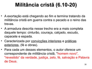 30
6.1 O filho cheio do Espírito é o que obedece aos pais,
e os pais cheios do Espírito devem conter sua irritação
e não serem extremamente exigentes.
6.5 Trabalhadores cheios do Espírito obedecem aos
patrões, e nas relações do trabalho não enfrentar os
patrões, e os patrões cheios do Espírito devem tratá-
los com bondade, sem ameaças.
A pessoa cheia e vitoriosa no Espírito mostra
capacidade de submissão no lar e na vida pública.
 