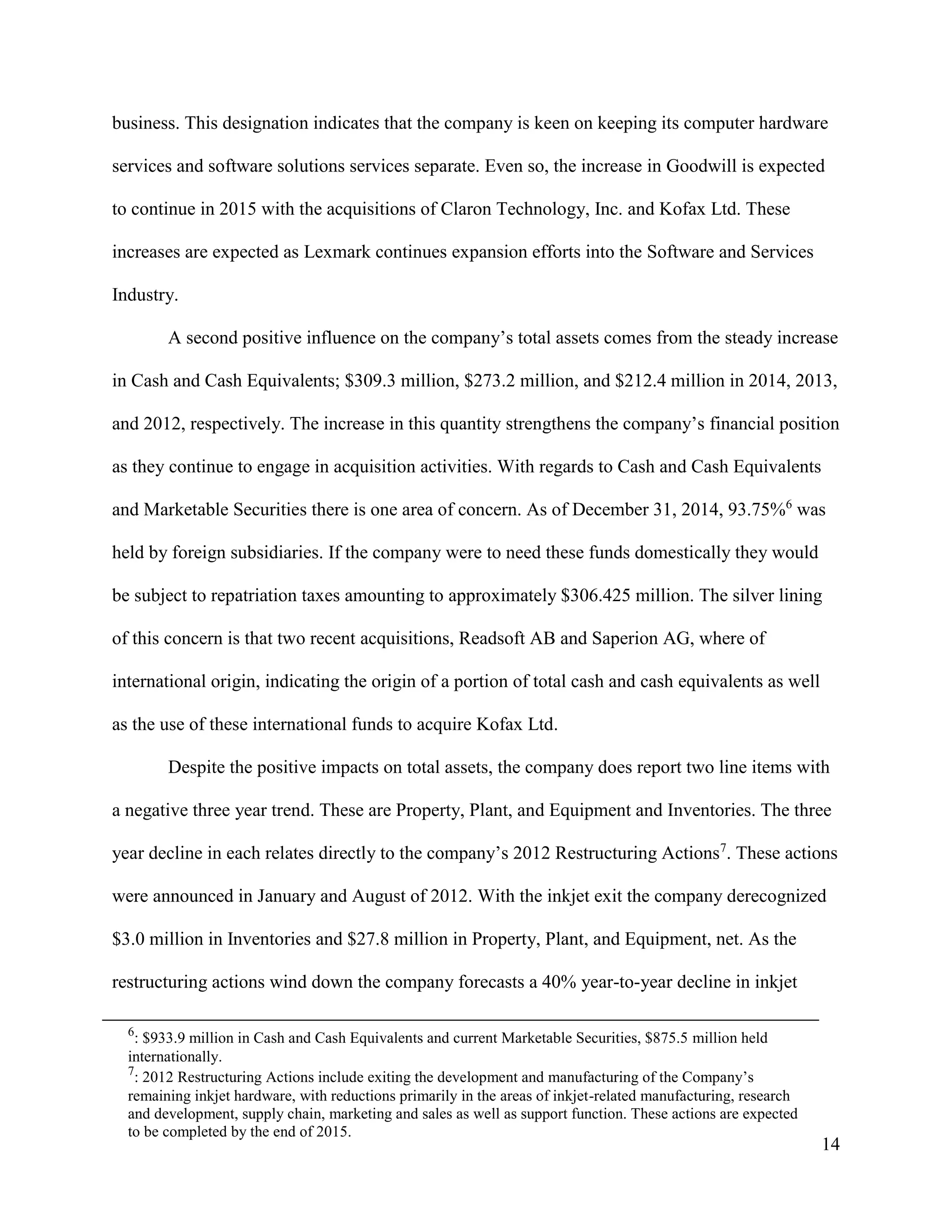 14
business. This designation indicates that the company is keen on keeping its computer hardware
services and software solutions services separate. Even so, the increase in Goodwill is expected
to continue in 2015 with the acquisitions of Claron Technology, Inc. and Kofax Ltd. These
increases are expected as Lexmark continues expansion efforts into the Software and Services
Industry.
A second positive influence on the company’s total assets comes from the steady increase
in Cash and Cash Equivalents; $309.3 million, $273.2 million, and $212.4 million in 2014, 2013,
and 2012, respectively. The increase in this quantity strengthens the company’s financial position
as they continue to engage in acquisition activities. With regards to Cash and Cash Equivalents
and Marketable Securities there is one area of concern. As of December 31, 2014, 93.75%6
was
held by foreign subsidiaries. If the company were to need these funds domestically they would
be subject to repatriation taxes amounting to approximately $306.425 million. The silver lining
of this concern is that two recent acquisitions, Readsoft AB and Saperion AG, where of
international origin, indicating the origin of a portion of total cash and cash equivalents as well
as the use of these international funds to acquire Kofax Ltd.
Despite the positive impacts on total assets, the company does report two line items with
a negative three year trend. These are Property, Plant, and Equipment and Inventories. The three
year decline in each relates directly to the company’s 2012 Restructuring Actions7
. These actions
were announced in January and August of 2012. With the inkjet exit the company derecognized
$3.0 million in Inventories and $27.8 million in Property, Plant, and Equipment, net. As the
restructuring actions wind down the company forecasts a 40% year-to-year decline in inkjet
6
: $933.9 million in Cash and Cash Equivalents and current Marketable Securities, $875.5 million held
internationally.
7
: 2012 Restructuring Actions include exiting the development and manufacturing of the Company’s
remaining inkjet hardware, with reductions primarily in the areas of inkjet-related manufacturing, research
and development, supply chain, marketing and sales as well as support function. These actions are expected
to be completed by the end of 2015.
 