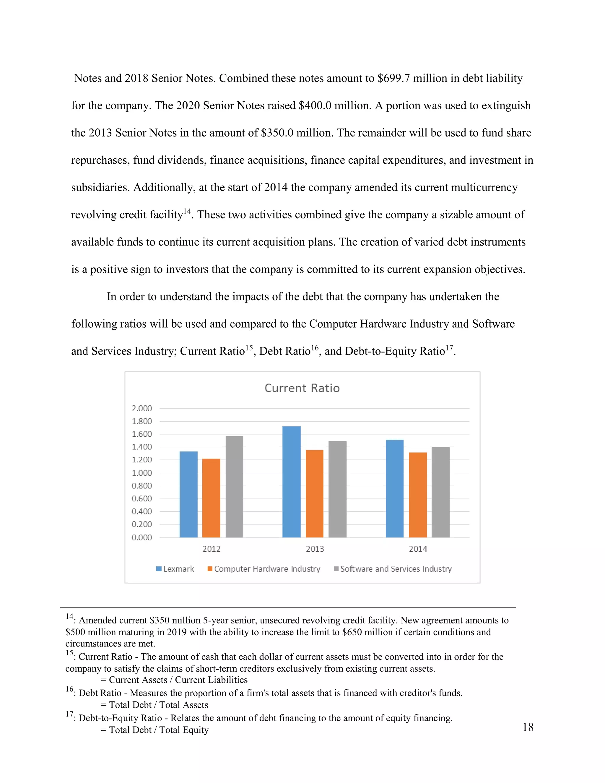 18
Notes and 2018 Senior Notes. Combined these notes amount to $699.7 million in debt liability
for the company. The 2020 Senior Notes raised $400.0 million. A portion was used to extinguish
the 2013 Senior Notes in the amount of $350.0 million. The remainder will be used to fund share
repurchases, fund dividends, finance acquisitions, finance capital expenditures, and investment in
subsidiaries. Additionally, at the start of 2014 the company amended its current multicurrency
revolving credit facility14
. These two activities combined give the company a sizable amount of
available funds to continue its current acquisition plans. The creation of varied debt instruments
is a positive sign to investors that the company is committed to its current expansion objectives.
In order to understand the impacts of the debt that the company has undertaken the
following ratios will be used and compared to the Computer Hardware Industry and Software
and Services Industry; Current Ratio15
, Debt Ratio16
, and Debt-to-Equity Ratio17
.
14
: Amended current $350 million 5-year senior, unsecured revolving credit facility. New agreement amounts to
$500 million maturing in 2019 with the ability to increase the limit to $650 million if certain conditions and
circumstances are met.
15
: Current Ratio - The amount of cash that each dollar of current assets must be converted into in order for the
company to satisfy the claims of short-term creditors exclusively from existing current assets.
= Current Assets / Current Liabilities
16
: Debt Ratio - Measures the proportion of a firm's total assets that is financed with creditor's funds.
= Total Debt / Total Assets
17
: Debt-to-Equity Ratio - Relates the amount of debt financing to the amount of equity financing.
= Total Debt / Total Equity
 