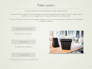 4
Produced by Losotech
Pallet feet (Patent pending)
Produced by Losotech
Pallet Machines
Produced by third party manufacturers
Corrugated Board
Pallet system
Losotech manufactures and sells pallet feet and pallet making machines.
We consult with the customer on the speciﬁcation of their pallet requirements with regards to size and weight capacity
and from this we can suggest which corrugated cardboard best suits their needs.
The customer can then use their own corrugated supplier or one of our partner companies. Losotech do not provide the
corrugated cardboard.
 