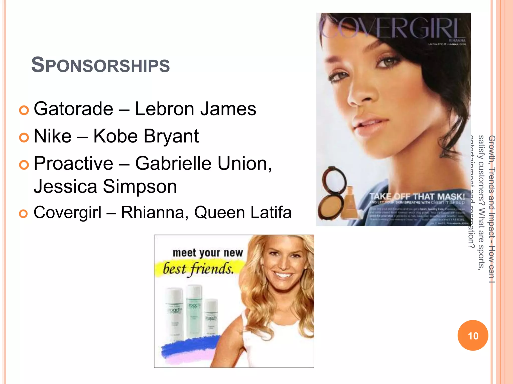 SPONSORSHIPS

 Gatorade  – Lebron James
 Nike – Kobe Bryant




                                        entertainment and recreation?
                                        satisfy customers? What are sports,
                                        Growth, Trends and Impact - How can I
 Proactive – Gabrielle Union,
  Jessica Simpson
   Covergirl – Rhianna, Queen Latifa




                                         10
 