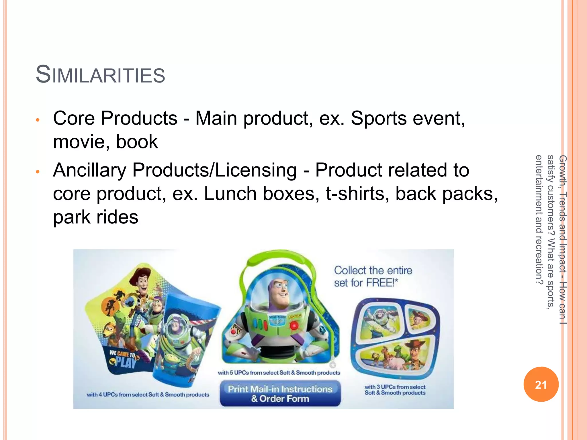 SIMILARITIES
•   Core Products - Main product, ex. Sports event,
    movie, book




                                                           entertainment and recreation?
                                                           satisfy customers? What are sports,
                                                           Growth, Trends and Impact - How can I
•   Ancillary Products/Licensing - Product related to
    core product, ex. Lunch boxes, t-shirts, back packs,
    park rides




                                                            21
 