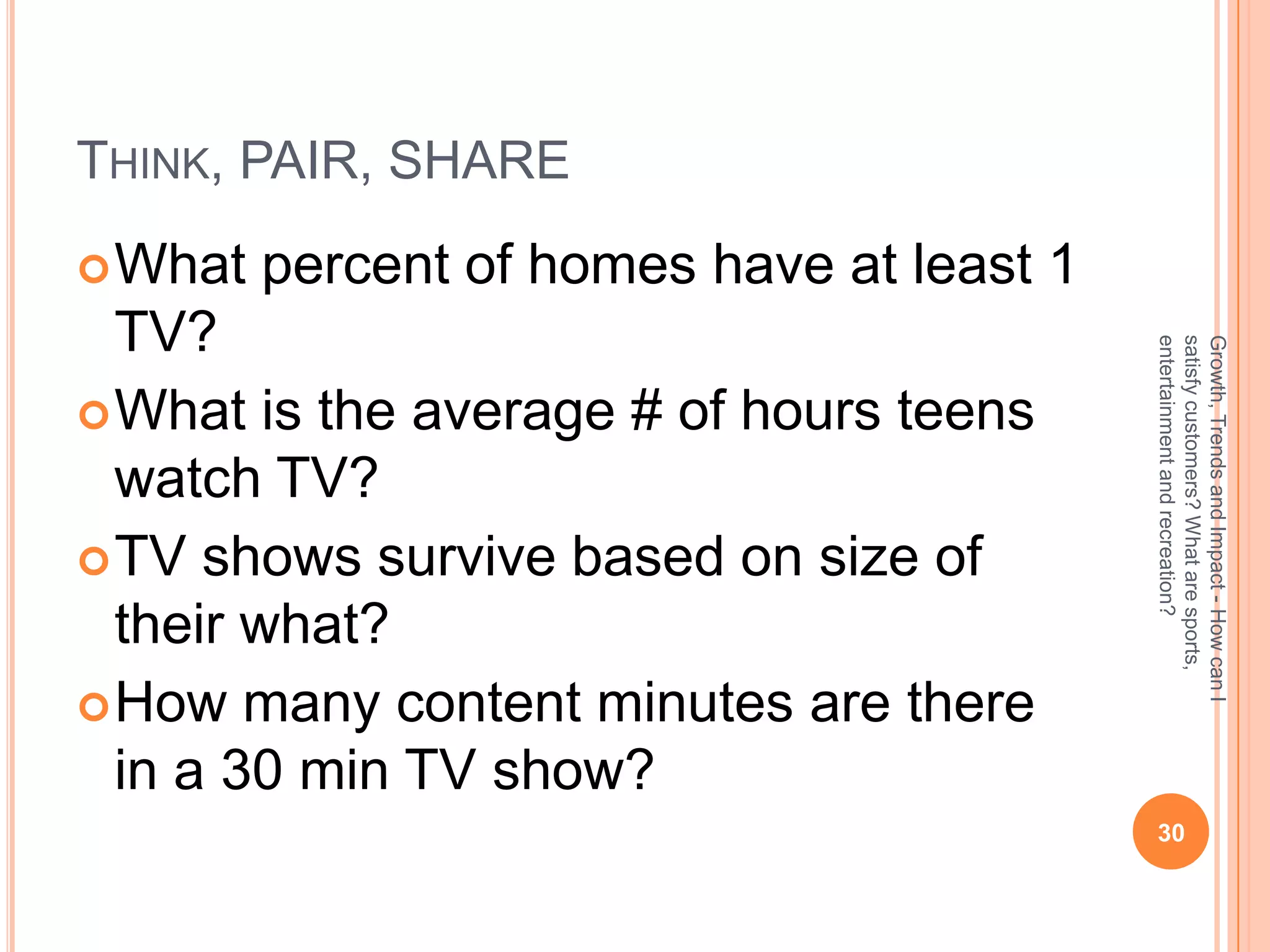 THINK, PAIR, SHARE
 What   percent of homes have at least 1
  TV?




                                            entertainment and recreation?
                                            satisfy customers? What are sports,
                                            Growth, Trends and Impact - How can I
 What is the average # of hours teens
  watch TV?
 TV shows survive based on size of
  their what?
 How many content minutes are there
  in a 30 min TV show?
                                             30
 