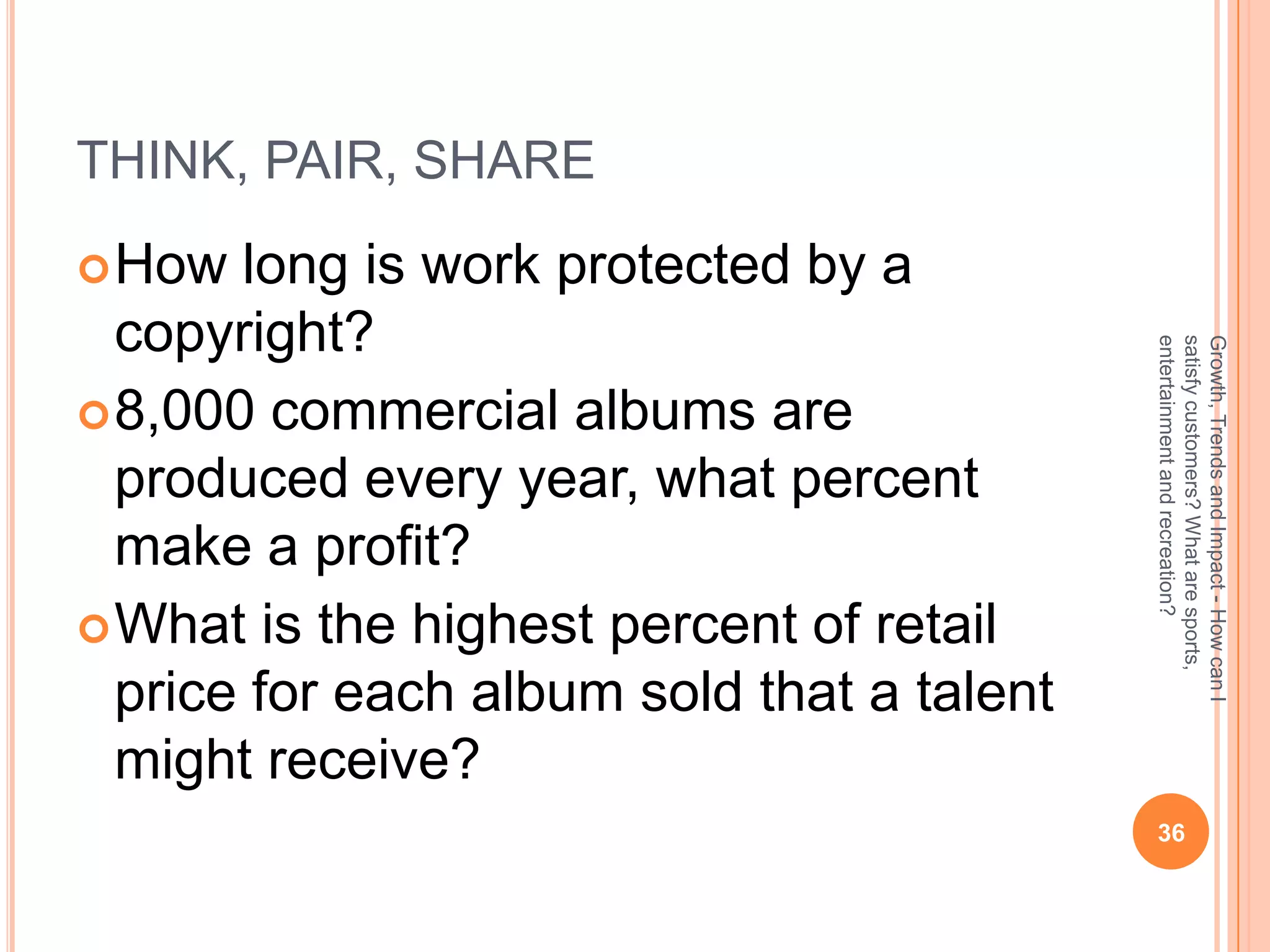THINK, PAIR, SHARE
 How  long is work protected by a
  copyright?




                                            entertainment and recreation?
                                            satisfy customers? What are sports,
                                            Growth, Trends and Impact - How can I
 8,000 commercial albums are
  produced every year, what percent
  make a profit?
 What is the highest percent of retail
  price for each album sold that a talent
  might receive?
                                             36
 