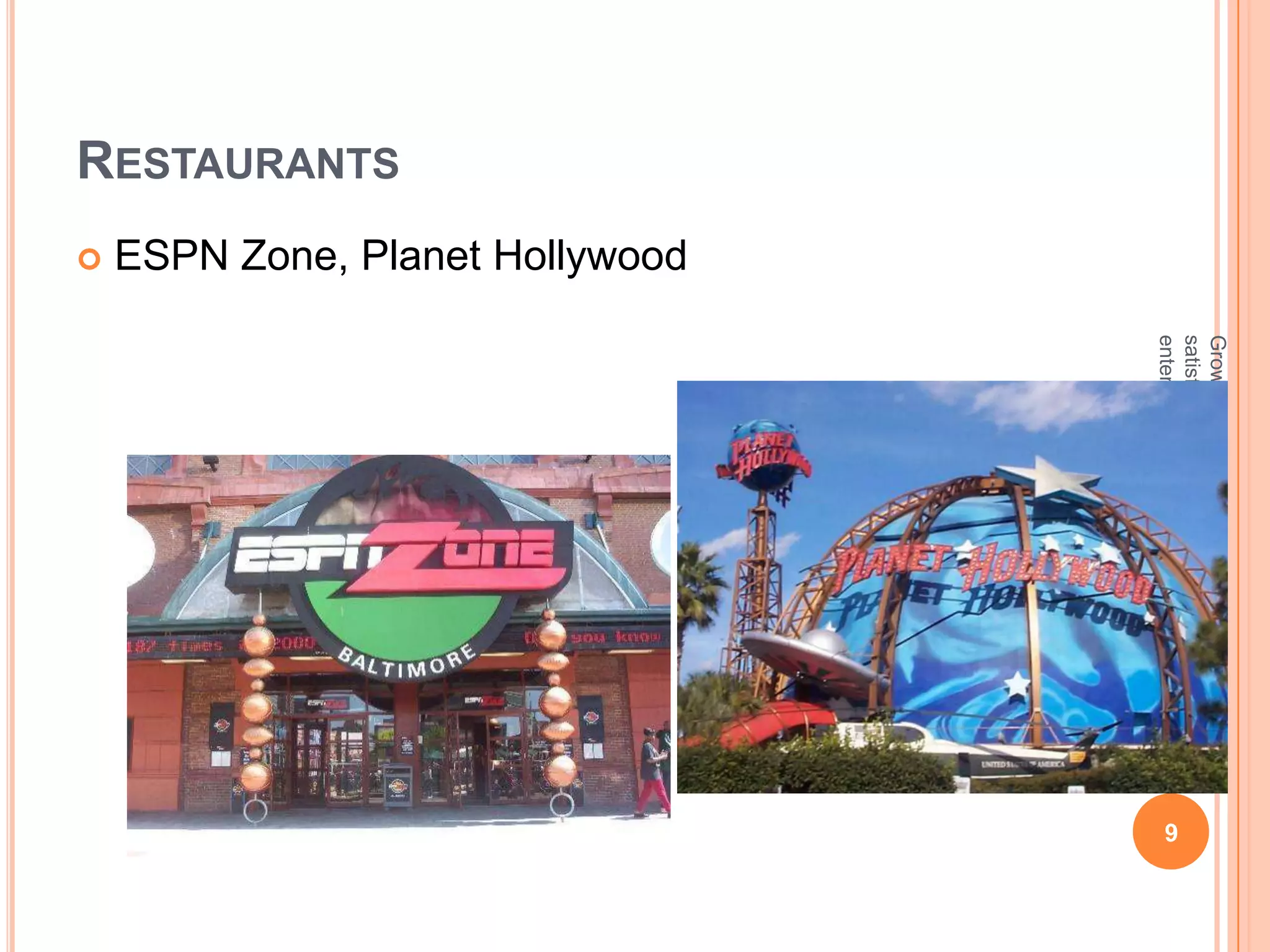 Growth, Trends and Impact - How can I
                                            satisfy customers? What are sports,
                                                                                    9




                                            entertainment and recreation?
              ESPN Zone, Planet Hollywood
RESTAURANTS
                
 