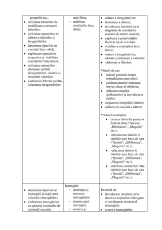 geografie etc.;                    unui filtru;         • editare a înregistrărilor;
• utilizarea tehnicilor de          − stabilirea           • formatare a datelor;
  modificare a structurii             corelaţiilor între   • introducere intuitivă (prin
  tabelului;                          tabele.                diagrame de corelare) a
• utilizarea operaţiilor de                                  noţiunii de tabele corelate;
  editare a tabelelor şi                                   • explicare a proprietăţilor
  înregistrărilor;                                           fiecărui tip de corelaţie;
• descrierea tipurilor de                                  • stabilire a corelaţiilor între
  corelaţii între tabele;                                    tabele;
• explicarea operaţiilor                                   • sortare a înregistrărilor,
  respective şi stabilirea                                   căutare şi înlocuire a valorilor;
  corelaţiilor între tabele;                               • elaborare a filtrelor;
• utilizarea operaţiilor
  destinate sortării                                       *Studii de caz:
  înregistrărilor, căutării şi
                                                           • noţiuni generale despre
  înlocuirii valorilor;
                                                              normalizarea unui tabel;
• elaborarea filtrelor pentru
                                                           • validarea datelor introduse
  selectarea înregistrărilor;
                                                              într-un câmp al tabelului;
                                                           • utilizarea măştilor
                                                              (şabloanelor) la introducerea
                                                              datelor;
                                                           • asigurarea integrităţii datelor;
                                                           • editarea în cascadă a datelor

                                                           *Proiect (exemplu):
                                                              • crearea tabelelor pentru o
                                                                  bază de date (“Şcoala”,
                                                                  „Biblioteca”, „Magazin”
                                                                  etc.);
                                                              • introducerea datelor în
                                                                  tabelele unei baze de date
                                                                  (“Şcoala”, „Biblioteca”,
                                                                  „Magazin” etc.);
                                                              • redactarea datelor în
                                                                  tabelele unei baze de date
                                                                  (“Şcoala”, „Biblioteca”,
                                                                  „Magazin” etc.);
                                                              • stabilirea corelaţiilor între
                                                                  tabelele unei baze de date
                                                                  (“Şcoala”, „Biblioteca”,
                                                                  „Magazin” etc.);

                                 Interogări:
• descrierea tipurilor de           − destinaţia şi        Exerciţii de:
  interogări şi explicarea             structura           • introducere intuitivă (prin
  efectelor interogărilor;             interogărilor;        desen) a noţiunilor interogare
• elaborarea interogărilor          − crearea unei           şi set dinamic rezultat al
  cu ajutorul sistemului de            interogări;           interogării;
  asistenţă sau prin                − sortarea şi          • creare a interogărilor
 