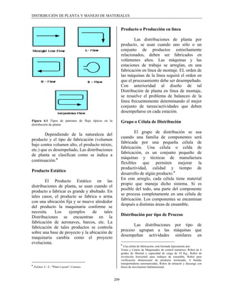 DISTRIBUCIÓN DE PLANTA Y MANEJO DE MATERIALES


                                                            Producto o Producción en línea

                                                                    Las distribuciones de planta por
                                                            producto, se usan cuando uno sólo o un
                                                            conjunto de productos estrechamente
                                                            relacionados, deben ser fabricados en
                                                            volúmenes altos. Las máquinas y las
                                                            estaciones de trabajo se arreglan, en una
                                                            fabricación en línea de montaje. EL orden de
                                                            las máquinas de la línea seguirá el orden en
                                                            que el procesamiento debe ser desempeñado.
                                                            Con anterioridad al diseño de tal
                                                            Distribución de planta en línea de montaje,
                                                            se resuelve el problema de balanceo de la
                                                            línea frecuentemente determinando el mejor
                                                            conjunto de tareas/actividades que deben
                                                            desempeñarse en cada estación.

Figura 4.1 Tipos de patrones de flujo típicos en la         Grupo o Célula de Distribución
distribución de planta

                                                                    El grupo de distribución se usa
        Dependiendo de la naturaleza del
                                                            cuando una familia de componentes será
producto y el tipo de fabricación (volumen
                                                            fabricada por una pequeña célula de
bajo contra volumen alto, el producto mixto,
                                                            fabricación. Una célula o celda de
etc.) que es desempeñado, Las distribuciones
                                                            fabricación, es un conjunto pequeño de
de planta se clasifican como se indica a
                                                            máquinas y técnicas de manufactura
continuación: •
                                                            flexibles que permiten mejorar la
                                                            productividad, calidad y tiempo de
Producto Estático
                                                            desarrollo de algún producto. •
                                                            En este arreglo, cada célula tiene material
        El Producto Estático en las
                                                            propio que maneja dicho sistema. Si es
distribuciones de planta, se usan cuando el
                                                            posible del todo, una parte del componente
producto a fabricar es grande y abultado. En
                                                            se procesa completamente en una célula de
tales casos, el producto se fabrica o arma
                                                            fabricación. Los componentes se encaminan
con una ubicación fija y se mueve alrededor
                                                            después a distintas áreas de ensamble.
del producto la maquinaria conforme se
necesita.    Los     ejemplos    de     tales
                                                            Distribución por tipo de Proceso
Distribuciones se encuentran en la
fabricación de aeronaves, barcos, etc. La
                                                                   Las distribuciones por tipo de
fabricación de tales productos se controla
                                                            proceso agrupan a las máquinas que
sobre una base de proyecto y la ubicación de
                                                            desempeñan actividades similares en
maquinaria cambia como el proyecto
evoluciona.                                                 •
                                                              Una célula de fabricación, está formada típicamente por:
                                                            Torno y Centro de Maquinados de control numérico, Robot de 6
                                                            grados de libertad y capacidad de carga de 10 Kg., Robot de
                                                            revolución horizontal para trabajos de ensamble, Robot para
                                                            verificación dimensional de producto terminado, 4 bandas
                                                            transportadoras automatizadas, Robot de almacén y descarga con
•
    Palekar U. S.; "Plant Layout"; Courses.                 brazo de movimiento bidimensional.



                                                      209
 