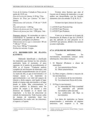 DISTRIBUCIÓN DE PLANTA Y MANEJO DE MATERIALES


Corte de la Lámina: Cortada en Tiras con un                                    Existen otros factores que atan al
ancho de 18.85 cm.                                                       Layout con el manejo de materiales y es que
Peso de la tira de Lámina: 6.30 kg / Tira.                               ambos son desarrollados con los mismos
Número de Tiras por Lámina: 16 tiras /                                   elementos clave de entrada: P, Q, R, S y T.
lámina.
Dimensiones del artículo: 17.48 cm * 18.85                                         Existen tres tipos clásicos de Layout:
cm.
Peso del artículo: 1.206 kg.                                             1. LAYOUT por Posición Fija.
Número de piezas por tira: 5 pzas / tira.                                2. LAYOUT por Proceso.
Número de piezas por lote: 1200 pzas / lote.                             3. LAYOUT por Producto.

Empaque interior: Se acomodan en cajas o                                        Como ya se menciono en la parte de
contenedores la cantidad de 400 piezas /                                 Distribución de Planta el tipo de LAYOUT
contenedor, protegidas con plástico.                                     que fue aplicado en este proyecto es el
Dimensiones de la caja o contenedor: 80 cm                               LAYOUT por proceso, debido a las razones
* 100 cm * 35 cm.                                                        ya antes explicadas.
Peso Neto: 500 kg * Contenedor.
Estibación máxima: 6 cajas.
                                                                         4.7.4. ANÁLISIS DE MOVIMIENTOS
4.7.3. DISTRIBUCIÓN DE PLANTA
                                                                                   *
(LAYOUT)                                                                        Cuando          analizamos   los
                                                                         movimientos, necesitamos conocer cierta
        Habiendo identificado y clasificado                              información. Estos datos incluyen:
los materiales que forman los tres artículos
analizados hasta el momento, el paso                                     1. El Material (Producto o clases de
siguiente en el patrón de procedimientos el                                 materiales).
SHA es el Layout. *Cualquier análisis                                         a) Las características físicas.
completo de movimientos de materiales, está                                   b) Otras características.
relacionado inseparablemente con el Layout.
La razón de ello, es que el movimiento o el                              2. La Ruta (origen y destino o trayecto de
manejo asocia a los materiales su                                           los movimientos).
aprovechamiento o un valor del espacio de                                       a) La distancia de los movimientos.
tránsito y dicho espacio, está ligado al lugar                                  b) Las situaciones físicas de la ruta.
donde se origina cada movimiento y al lugar
donde se acaba. Más concretamente, el                                    3. El Flujo (o movimiento).
Layout establece la distancia entre los                                        a) La intensidad del flujo (cantidad
puntos de origen y de destino y esta                                               de materiales por período
distancia de traslado es el factor más                                             moviéndose sobre una ruta.
importante a la hora de seleccionar un                                         b) Las condiciones del flujo (o
método de manutención. Todo Layout y plan                                          movimiento).
de manejo de materiales tiene tres
fundamentos, los cuales son: las relaciones,                                     Los datos de materiales ya fueron
el espacio y el ajuste.                                                  proporcionados y analizados en páginas
                                                                         anteriores; con respecto a la ruta

*                                                                        *
  Análisis sistemático de manutención, Richard Muther; “Capítulo           Análisis sistemático de manutención; Richard Muther; “Capítulo
2 Layout”.                                                               3 Análisis de movimientos”.



                                                                   239
 