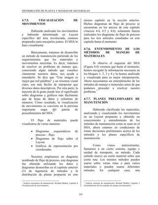 DISTRIBUCIÓN DE PLANTA Y MANEJO DE MATERIALES


4.7.5.  VISUALIZACIÓN                                      DE             mismo capítulo en la sección anterior.
MOVIMIENTOS                                                               Dichos diagramas de flujo de proceso se
                                                                          encuentran en los anexos de este capítulo
       Habiendo analizado los movimientos                                 (Anexos 4.4, 4.5 y 4.6), solamente fueron
y habiendo determinado un Layout                                          realizados los diagramas de flujo de proceso
específico del área involucrada, estamos                                  para los tres artículos estudiados en este
preparados para encajarlos juntos. El SHA lo                              capítulo hasta el momento.
hace visualmente.
                                                                          4.7.6. ENTENDIMIENTO DE                                LOS
       Básicamente, tratamos de desarrollar                               MÉTODOS     DE   MANEJO                                 DE
un método de manutención partiendo de los                                 MATERIALES
requerimientos que los materiales y
movimientos necesitan. Es decir, tratemos                                        Si observa el esquema del SHA
de resolver un problema de manera que,                                    (Figura 4.4) veremos que hasta el momento,
conociendo algún método que visualice                                     hemos recogido la información necesaria en
claramente nuestros datos, nos ayuda a                                    los bloques 1, 2, 3 y 4 y la hemos analizado
entenderlo. Se dice que “Una imagen es                                    y visualizado para su mejor interpretación.
mejor que mil palabras” y un resumen visual                               Ahora necesitamos un entendimiento de los
claro, son más fáciles de interpretar que                                 métodos de manejo e materiales antes de que
diversos datos descriptivos. Por otra parte, la                           podamos proceder a resolver nuestro
mayoría de la gente puede leer el significado                             problema. *
sobre diagramas y gráficos más fácilmente
que de hojas de datos y columnas de                                       4.7.7. PLANES PRELIMINARES DE
números. Como resultado, la visualización                                 MANUTENCIÓN
de movimientos se convierte en la próxima
importante     etapa     del    patrón      de                                   Habiendo clasificado los materiales,
                          *
procedimientos del SHA.                                                   analizando y visualizando los movimientos
                                                                          en un Layout propuesto y obtenido un
        El flujo de materiales                          puede             conocimiento y entendimiento de los
visualizarse de varias maneras:                                           métodos de manutención como se usan en el
                                                                          SHA, ahora estamos en condiciones de
          •     Diagramas esquemáticos de                                 tomar decisiones preliminares acerca de los
                proceso – flujo.                                          métodos y los planes específicos de
          •     Diagramas de flujo sobre el                               manutención.
                Layout.
          •     Gráficos de representación por                                   Como      vimos      anteriormente,
                coordenadas.                                              llamamos a un cierto sistema, equipo y
                                                                          unidad de transporte, un método. Cada
        Nosotros empleamos un diagrama                                    método mueve un cierto material sobre una
nombrado de flujo de proceso, este diagrama                               cierta ruta. Los mismos métodos pueden
fue obtenido utilizando los datos y                                       usarse sobre varias rutas o para varios
diagramas desarrollas en el capítulo anterior                             materiales o pueden usarse diferentes
(3) de ingeniería de métodos y la                                         métodos.     En   cualquier   caso,   una
distribución de planta propuesta en este

*                                                                         *
  Análisis sistemático de manutención, Richard Muther; Capítulo 4           Análisis sistemas de manutención; Richard Muther; Capítulo 5
(Visualización de movimientos).                                           (Entendimiento de los métodos de manejo de materiales).



                                                                    241
 