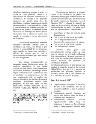 DISTRIBUCIÓN DE PLANTA Y MANEJO DE MATERIALES


visualizar maquinaria, equipos o áreas, y a                    Un enfoque de alto nivel al proceso
través de estas plantillas establecer la                entero de la distribución de planta fue
ubicación de los diferentes elementos de la             formulado primero por Richard Muther. El
distribución de acuerdo a las diferentes                método se llama el Sistema de Distribución
relaciones que existen entre ellos. La                  de planta planificado, Systematic Layout
distribución resultante mediante esta técnica           Planning (SLP) y plantea la sucesión de
es muy subjetiva ya que depende del criterio            pasos que deben seguirse mientras se diseña
y experiencia de los procesos por parte del             una distribución de planta. Los pasos en el
planeador. En general se obtienen buenos                SLP son como se indica a continuación:
resultados, sin embargo esta técnica resulta
                                                        •      Cuantifique, el flujo de material entre
insuficiente para el análisis de plantas muy
                                                               departamentos
grandes y complejas o con un alto número
de elementos.                                           •      Cree la carta de relación de actividades
                                                        •      Cree el diagrama de relaciones
        Los modelos matemáticos pretenden               •      Determine los requerimientos de espacio
encontrar soluciones óptimas para la                    •      Cree la carta de relación de espacios
distribución de planta, pero debido al gran             •      Cree distribuciones alternas
número y complejidad de las relaciones,                         Mientras       estos      pasos   son
estos modelos se tornan muy complejos y                 conceptualmente simples, dentro de cada
difíciles de manejar, por lo cual se                    paso un número de actividades diferentes
encuentran muy limitados para aplicaciones              debe desempeñarse. Nosotros usaremos el
un poco más grandes.                                    SLP como un camino para orientarnos en
                                                        nuestra discusión del problema de
       Las rutinas computacionales no                   Distribución de planta.
presentan tantas limitaciones como los                  Se utilizarán elementos de esta técnica para
modelos matemáticos ya que pueden                       estudiar la situación actual de la empresa
soportar un gran número de relaciones entre             PROMMESA, S.A. de C.V. y generar las
los diversos elementos, sin embargo, aun no             alternativas que permitan aumentar la
logran sustituir la visión y criterio que tiene         eficiencia de esta. Por lo cual veremos cual
un diseñador con experiencia, es por ello               es la estructura de las fases de trabajo.
que generalmente solo se emplea para
generar alternativas que faciliten la toma de
                                                        Fases de trabajo de SLP •
decisiones. Actualmente existen varios
programas de este tipo, entre los más
                                                        1. Emplazamiento. Determinar la ubicación
reconocidos podemos mencionar CRAFT,
                                                           del área a ser distribuida. Esto no es
COFAD, CORELAP, ALDEP, PLANET,
                                                           necesario cuando no se trata de un nuevo
etc.
                                                           proyecto.
                                                        2. Planteamiento general. Establecer un
4.5.    “SYSTEMATIC LAYOUT                                 arreglo que incluya todas las áreas y
PLANNING (SLP)” PLANEACIÓN                                 elementos a ser distribuidos.
SISTEMÁTICA DE PLANTA                                   3. Planteamiento     detallado.     Localizar
(SLP) •                                                    específicamente      cada     pieza     de
                                                           maquinaria y equipo en las diferentes
                                                           áreas o departamentos, además debe

•                                                       •
    Richard Muther; "Systematic Layout Planing.             Richard Muther; "Systematic Layout Planing"



                                                  211
 