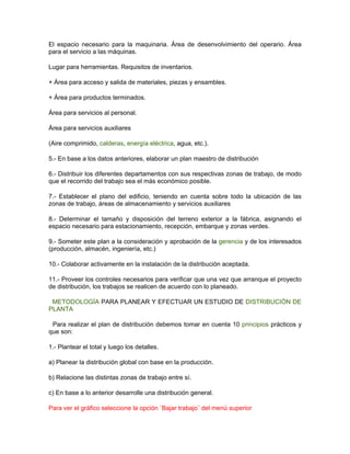 El espacio necesario para la maquinaria. Área de desenvolvimiento del operario. Área
para el servicio a las máquinas.

Lugar para herramientas. Requisitos de inventarios.

+ Área para acceso y salida de materiales, piezas y ensambles.

+ Área para productos terminados.

Área para servicios al personal.

Área para servicios auxiliares

(Aire comprimido, calderas, energía eléctrica, agua, etc.).

5.- En base a los datos anteriores, elaborar un plan maestro de distribución

6.- Distribuir los diferentes departamentos con sus respectivas zonas de trabajo, de modo
que el recorrido del trabajo sea el más económico posible.

7.- Establecer el plano del edificio, teniendo en cuenta sobre todo la ubicación de las
zonas de trabajo, áreas de almacenamiento y servicios auxiliares

8.- Determinar el tamaño y disposición del terreno exterior a la fábrica, asignando el
espacio necesario para estacionamiento, recepción, embarque y zonas verdes.

9.- Someter este plan a la consideración y aprobación de la gerencia y de los interesados
(producción, almacén, ingeniería, etc.)

10.- Colaborar activamente en la instalación de la distribución aceptada.

11.- Proveer los controles necesarios para verificar que una vez que arranque el proyecto
de distribución, los trabajos se realicen de acuerdo con lo planeado.

 METODOLOGÍA PARA PLANEAR Y EFECTUAR UN ESTUDIO DE DISTRIBUCIÓN DE
PLANTA

 Para realizar el plan de distribución debemos tomar en cuenta 10 principios prácticos y
que son:

1.- Plantear el total y luego los detalles.

a) Planear la distribución global con base en la producción.

b) Relacione las distintas zonas de trabajo entre sí.

c) En base a lo anterior desarrolle una distribución general.

Para ver el gráfico seleccione la opción ¨Bajar trabajo¨ del menú superior
 