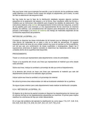 Hay que hacer notar que el ejemplo fue sencillo y que la solución de los problemas reales
suele referirse a un número mucho mayor de cargas no adyacentes, por lo tanto, no será
tan fácil la elaboración del esquema ideal.

No hay duda de que la fase de la distribución detallada requiere algunos cambios
pequeños en la asignación del espacio y en la forma. Aquí resultarán útiles las formas y
modelos que se mencionan más adelante para imaginar los detalles de elaboración. Hay
instructivos relativos a las normas del espaciamiento mínimo entre las máquinas, al ancho
de los pasillos para usos diversos y a los espaciamientos de las columnas en diversos
diseños de edificios. Las consideraciones del espacio para almacenes de productos en
proceso y terminados y el diseño de sistemas de manejo de materiales dependen de las
condiciones específicas del problema.

METODO DE LA ESPIRAL. ( A )

Consiste en disponer las áreas individuales de tal manera que se obtenga el movimiento
más directo de materiales de un paso a otro en la tabla de secuencias. El espacio
requerido dentro del área de una unidad variará muy poco al cambiar su forma periférica,
con tal que sea una combinación de áreas cuadradas o rectangulares. Según las 2
suposiciones anteriores el objetivo consiste en determinar las relaciones entre áreas de
unidades dentro de la superficie total disponible.

PROCEDIMIENTO.

Trazar un círculo que representará cada departamento o área de actividades.

Trazar a la izquierda del círculo una línea que representará el material que entra desde
cada actividad.

Sobre esa línea, indique la cantidad o porcentaje de ella que entra al departamento.

A la derecha del círculo se traza una línea que representa el material que sale del
departamento donde se le ha realizado algún proceso.

Indicar sobre esa línea la cantidad o el porcentaje de material.

Se ubica la primera área relacionadas con ella se localizarán alrededor de su periferia.

Se sigue el paso anterior para cada departamento hasta realizar la distribución completa.

6.2.4.- MÉTODO DE LA ESPIRAL ( B )

El objetivo de la técnica de espiral consiste en disponer los departamentos de manera que
el volumen de flujo en los departamentos adyacentes se maximice. El primer paso implica
clasificar los volúmenes de flujo por orden descendente.

En el caso del problema del ejemplo la clasificación es como sigue: F-G, E-F, A-B, E-G,
D-E, B-D, A-D, B-E, F-E, D-B, A-C, B-F, A-E, C-F, A-F, F-B y C-E.
 