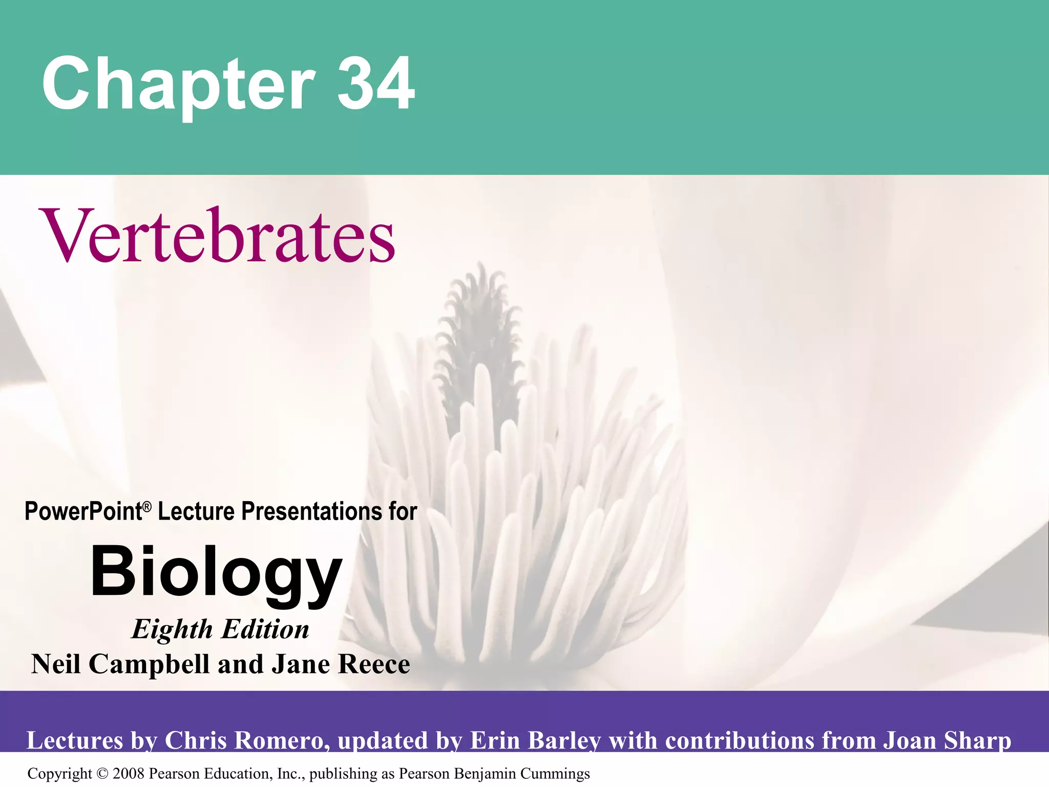 Copyright © 2008 Pearson Education, Inc., publishing as Pearson Benjamin Cummings
PowerPoint®
Lecture Presentations for
Biology
Eighth Edition
Neil Campbell and Jane Reece
Lectures by Chris Romero, updated by Erin Barley with contributions from Joan Sharp
Chapter 34
Vertebrates
 