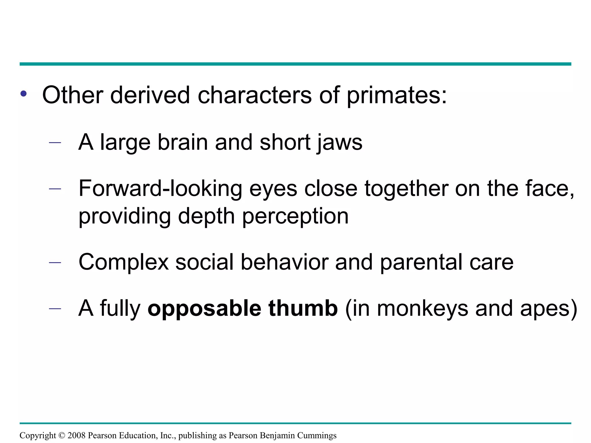 Copyright © 2008 Pearson Education, Inc., publishing as Pearson Benjamin Cummings
• Other derived characters of primates:
– A large brain and short jaws
– Forward-looking eyes close together on the face,
providing depth perception
– Complex social behavior and parental care
– A fully opposable thumb (in monkeys and apes)
 