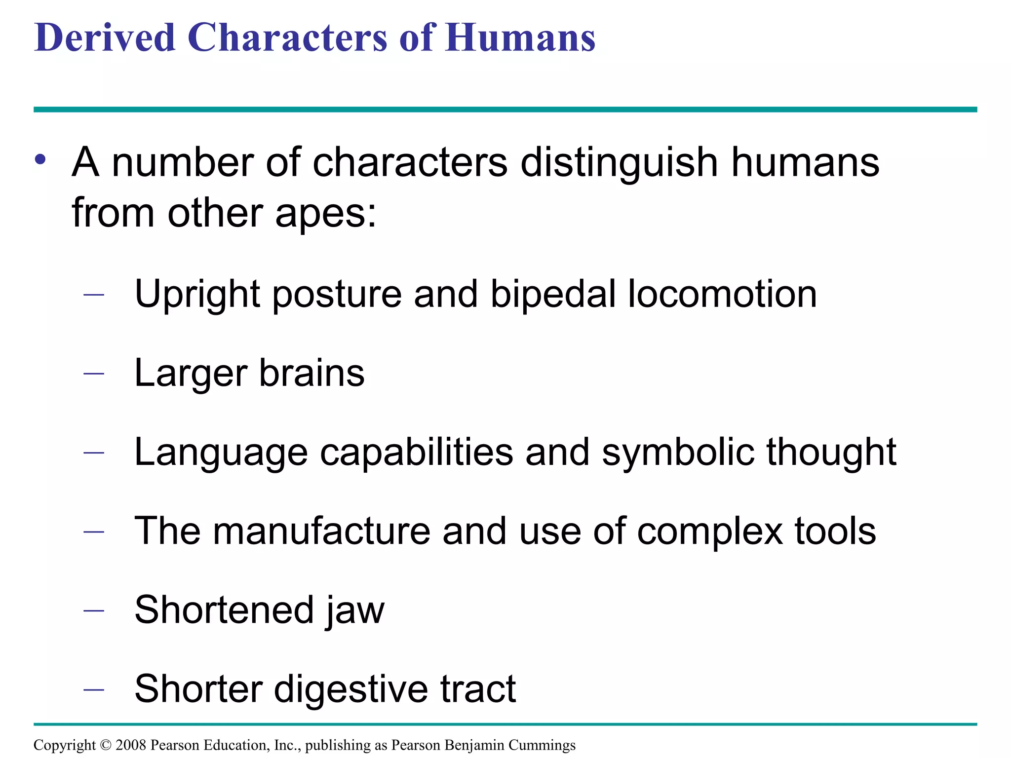 Copyright © 2008 Pearson Education, Inc., publishing as Pearson Benjamin Cummings
Derived Characters of Humans
• A number of characters distinguish humans
from other apes:
– Upright posture and bipedal locomotion
– Larger brains
– Language capabilities and symbolic thought
– The manufacture and use of complex tools
– Shortened jaw
– Shorter digestive tract
 