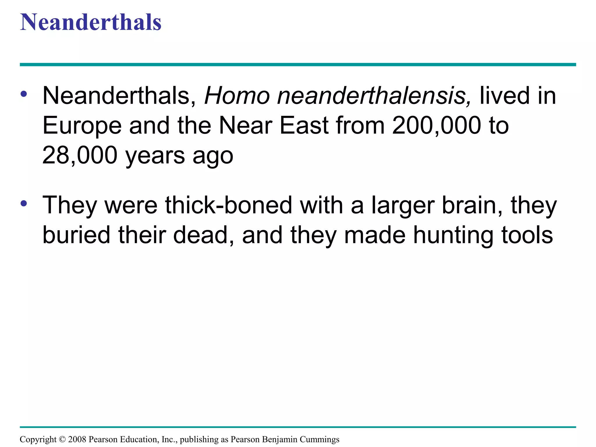 Copyright © 2008 Pearson Education, Inc., publishing as Pearson Benjamin Cummings
Neanderthals
• Neanderthals, Homo neanderthalensis, lived in
Europe and the Near East from 200,000 to
28,000 years ago
• They were thick-boned with a larger brain, they
buried their dead, and they made hunting tools
 