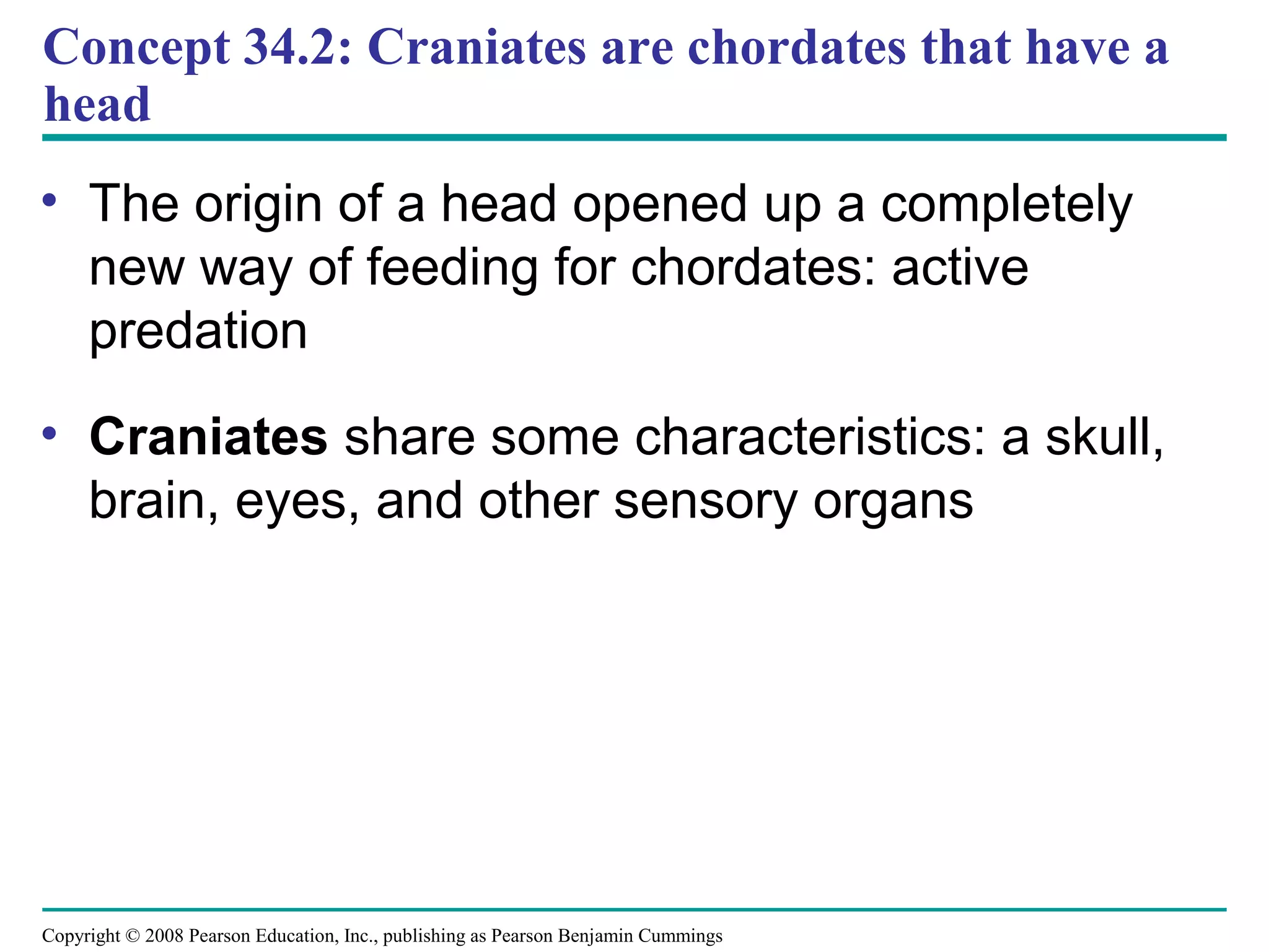Copyright © 2008 Pearson Education, Inc., publishing as Pearson Benjamin Cummings
Concept 34.2: Craniates are chordates that have a
head
• The origin of a head opened up a completely
new way of feeding for chordates: active
predation
• Craniates share some characteristics: a skull,
brain, eyes, and other sensory organs
 