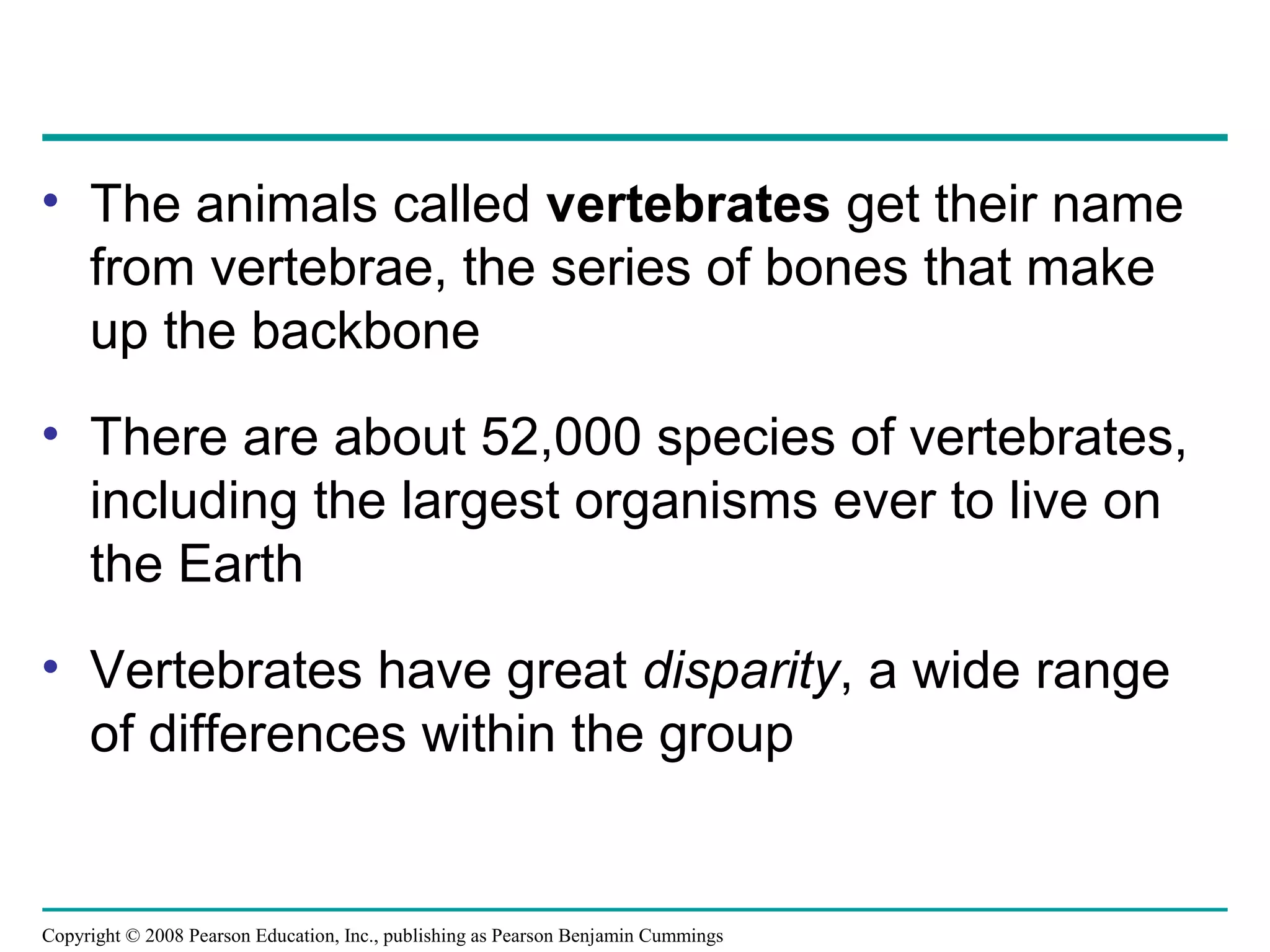 Copyright © 2008 Pearson Education, Inc., publishing as Pearson Benjamin Cummings
• The animals called vertebrates get their name
from vertebrae, the series of bones that make
up the backbone
• There are about 52,000 species of vertebrates,
including the largest organisms ever to live on
the Earth
• Vertebrates have great disparity, a wide range
of differences within the group
 