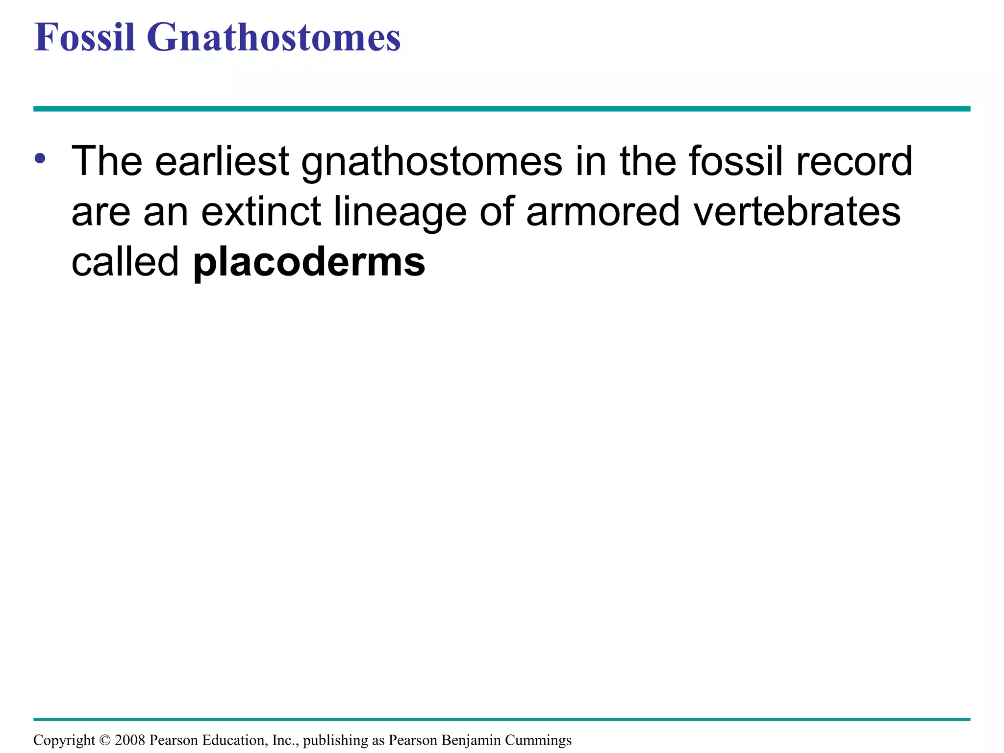 Copyright © 2008 Pearson Education, Inc., publishing as Pearson Benjamin Cummings
Fossil Gnathostomes
• The earliest gnathostomes in the fossil record
are an extinct lineage of armored vertebrates
called placoderms
 