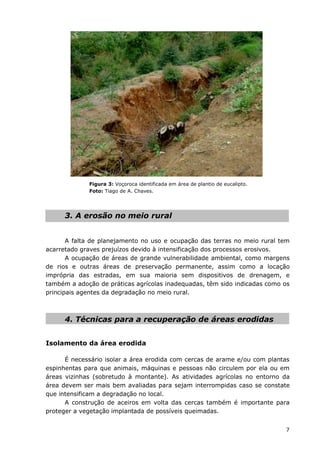 7
Figura 3: Voçoroca identificada em área de plantio de eucalipto.
Foto: Tiago de A. Chaves.
3. A erosão no meio rural
A falta de planejamento no uso e ocupação das terras no meio rural tem
acarretado graves prejuízos devido à intensificação dos processos erosivos.
A ocupação de áreas de grande vulnerabilidade ambiental, como margens
de rios e outras áreas de preservação permanente, assim como a locação
imprópria das estradas, em sua maioria sem dispositivos de drenagem, e
também a adoção de práticas agrícolas inadequadas, têm sido indicadas como os
principais agentes da degradação no meio rural.
4. Técnicas para a recuperação de áreas erodidas
Isolamento da área erodida
É necessário isolar a área erodida com cercas de arame e/ou com plantas
espinhentas para que animais, máquinas e pessoas não circulem por ela ou em
áreas vizinhas (sobretudo à montante). As atividades agrícolas no entorno da
área devem ser mais bem avaliadas para sejam interrompidas caso se constate
que intensificam a degradação no local.
A construção de aceiros em volta das cercas também é importante para
proteger a vegetação implantada de possíveis queimadas.
 