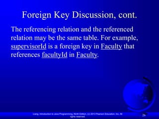 Liang, Introduction to Java Programming, Ninth Edition, (c) 2013 Pearson Education, Inc. All
rights reserved.
26
Foreign Key Discussion, cont.
The referencing relation and the referenced
relation may be the same table. For example,
supervisorId is a foreign key in Faculty that
references facultyId in Faculty.
 